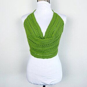 Hand Crafted Bright Green Crochet Halter Top | Handmade Open Back Tank